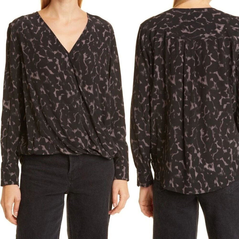Rails Hillary Diffused Cheetah Print Wrap Blouse Top L Black Long Sleeves $168